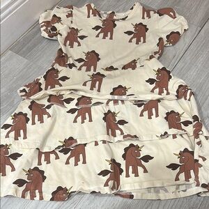 Mini Rodini Cream Dress with Brown Unicorn Print